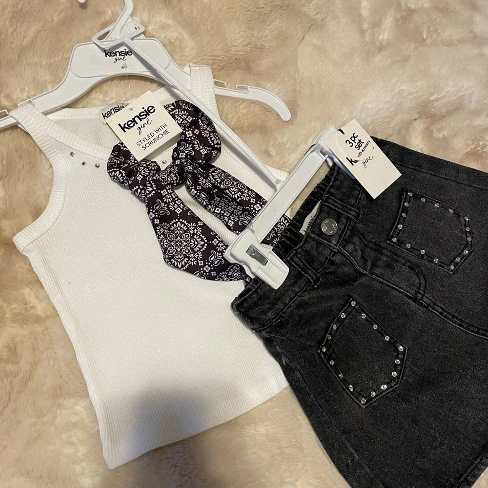 kensie girl 3 piece set w/ ribbed top, denim skirt & matching scrunchie